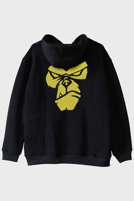 Zemin Üzerine Parlak Sarı Goril Yüzü Baskılı Siyah Hoodie