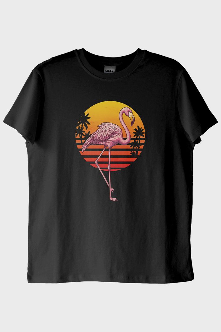 Retro Flamingo Baskılı Siyah Tişört
