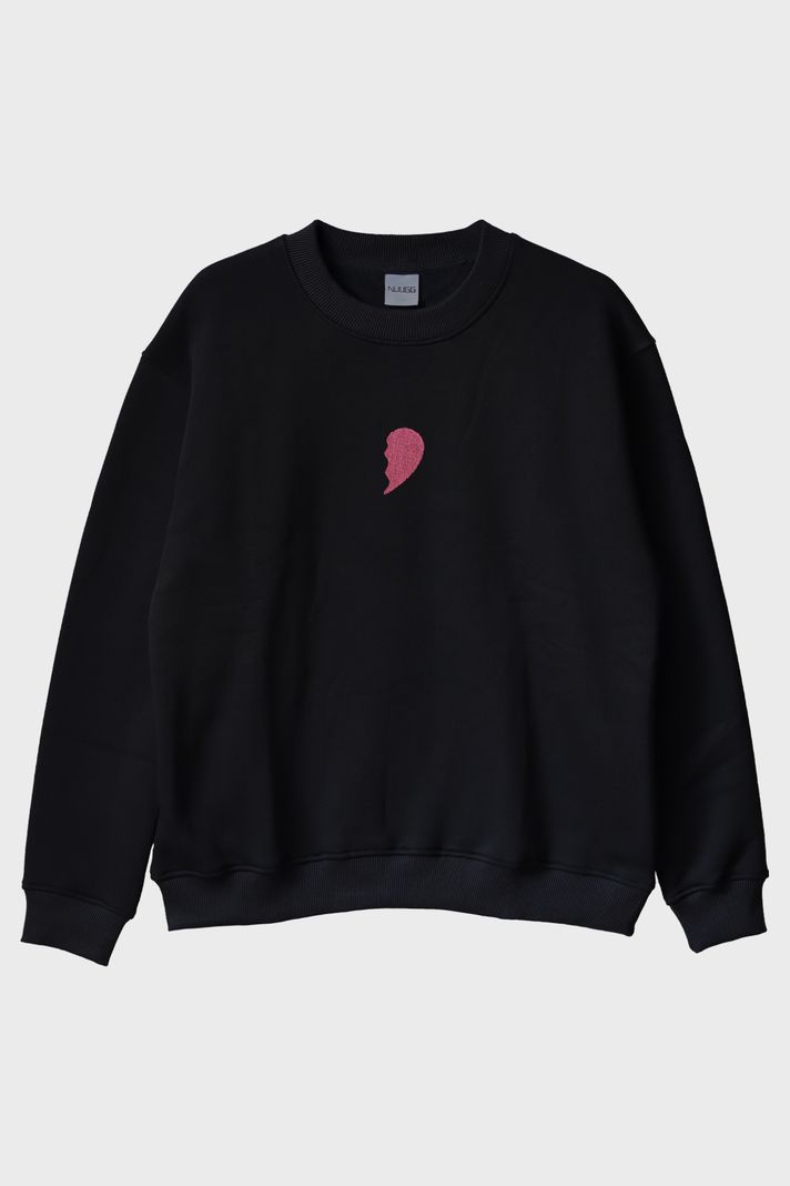 Pembe Yarım Kalp Desenli Bisiklet Yaka Sweatshirt - Sevgililer Günü Hediyesi