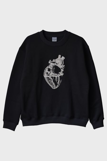 Kalp Anatomi Çizimli Minimalist Baskılı Siyah Bisiklet Yaka Sweatshirt