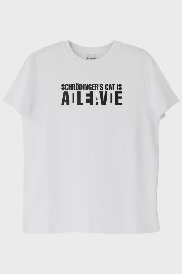 Schrödinger's Cat Alive Baskılı Bilim Tasarımlı Beyaz Tişört