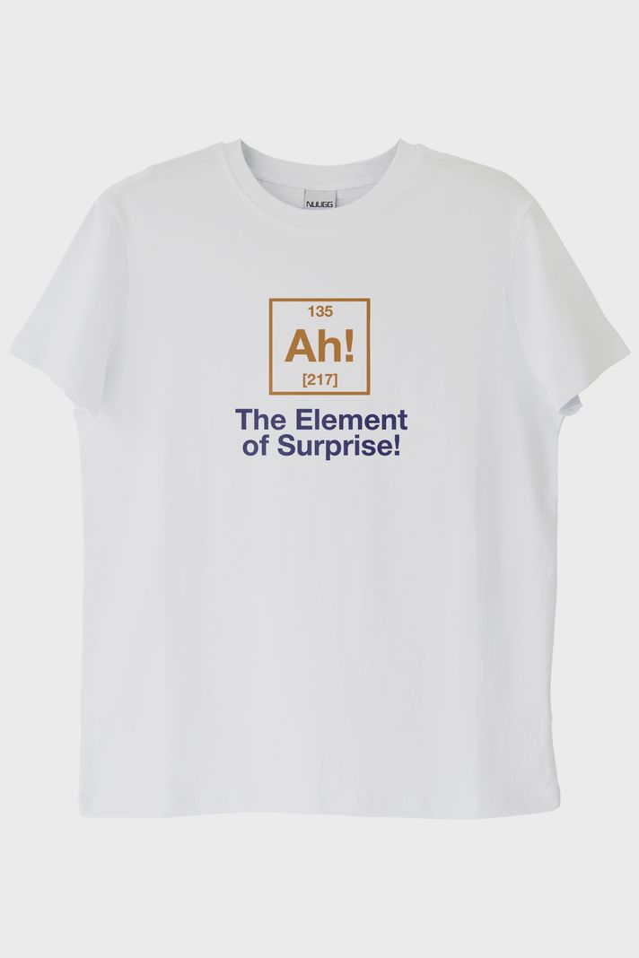 The Element of Surprise! Baskılı Mizahi Bilim Temalı Beyaz Tişört