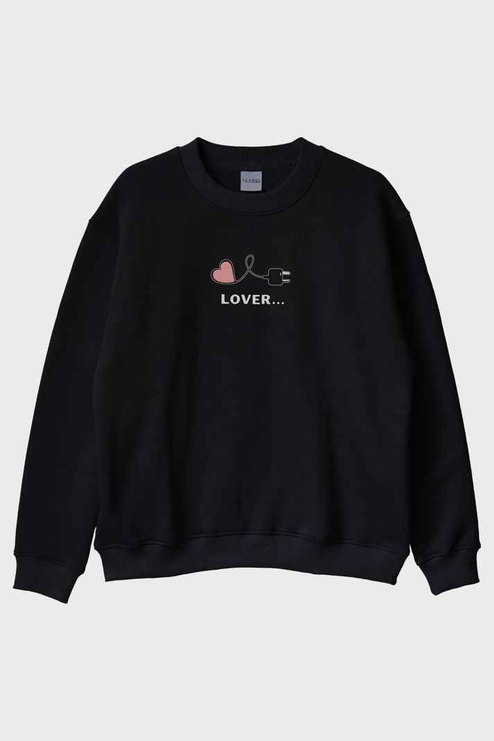 Lover Temalı Siyah Bisiklet Yaka Sweatshirt
