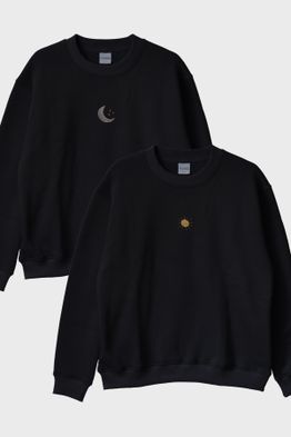 Ay ve Güneş Desenli Nakışlı Çift Kombin Bisiklet Yaka Sweatshirt