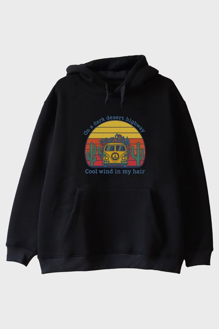 On a Dark Desert Highway Retro Baskılı Siyah Hoodie