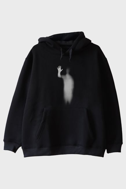 Bulanık Siluet Baskılı Siyah Hoodie