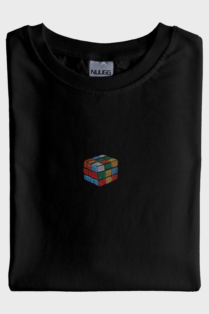 Rubik Küp Desenli Nakış Siyah T-Shirt