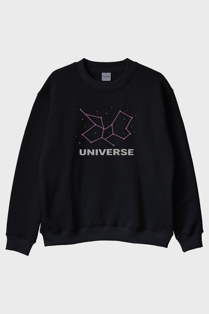 Kozmik Yıldız Desenli Siyah Bisiklet Yaka Sweatshirt
