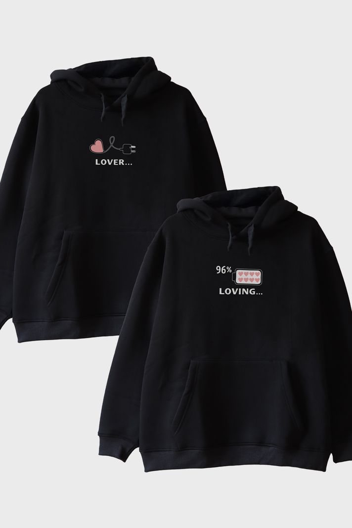 Lover Loving Çift Siyah Hoodie Seti
