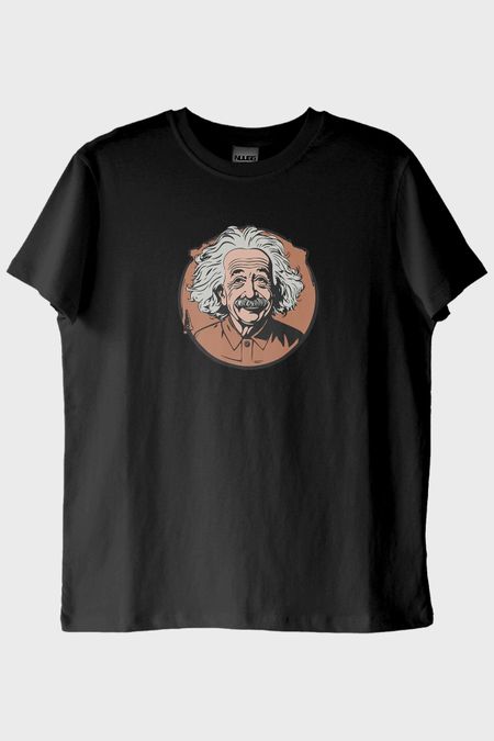 Albert Einstein Portre Baskılı Tasarım Siyah Tişört