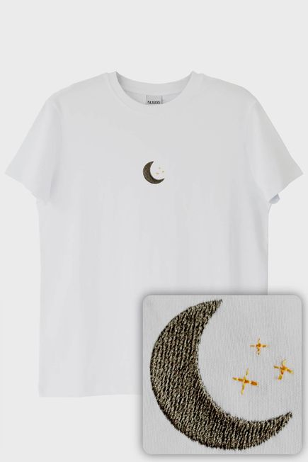 Ay Desenli Nakış Tişört - Sevgililer Günü Çift Tişörtleri