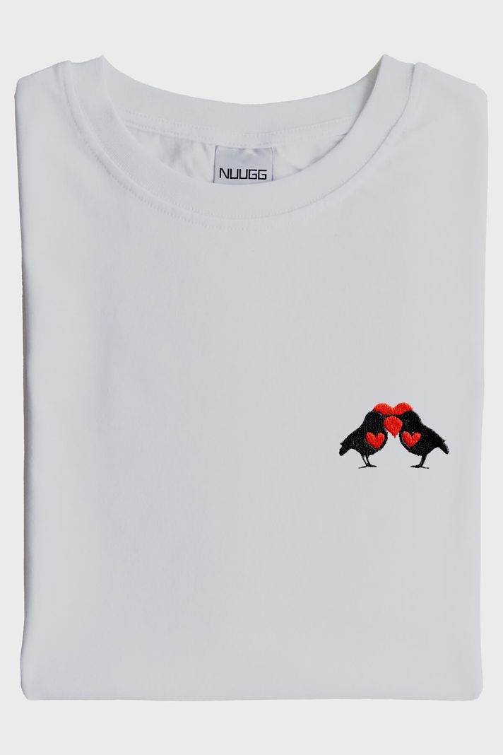 Çifte Kumrular Desenli Nakış Tişört - Sevgililer Günü Tasarımı