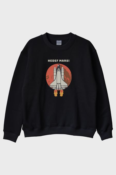 HEDEF MARS! Baskılı Uzay Temalı Siyah Bisiklet Yaka Sweatshirt
