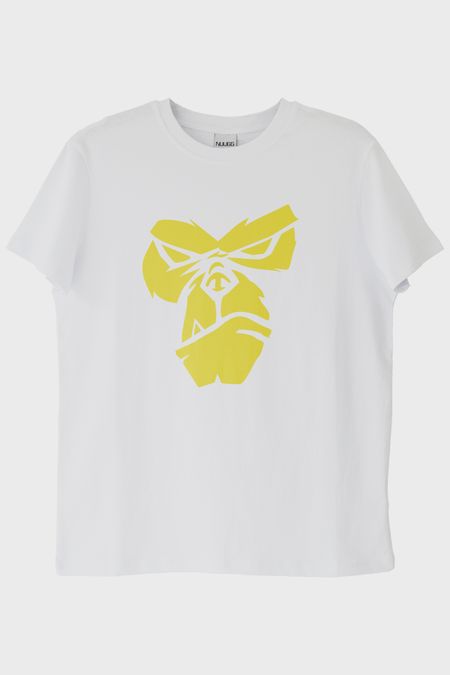 Zemin Üzerine Parlak Sarı Goril Yüzü Baskılı Beyaz Tişört