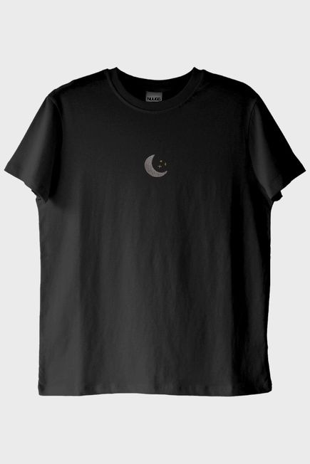 Ay Desenli Nakış Siyah T-Shirt - Sevgililer Günü Çift Tişörtleri