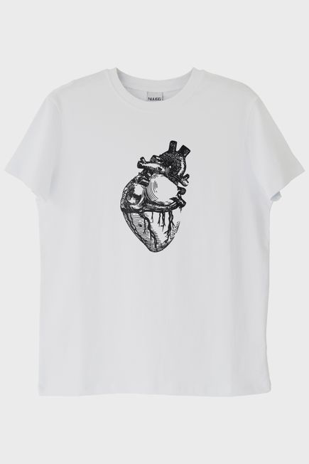 Kalp Anatomi Çizimli Minimalist Baskılı Beyaz Tişört