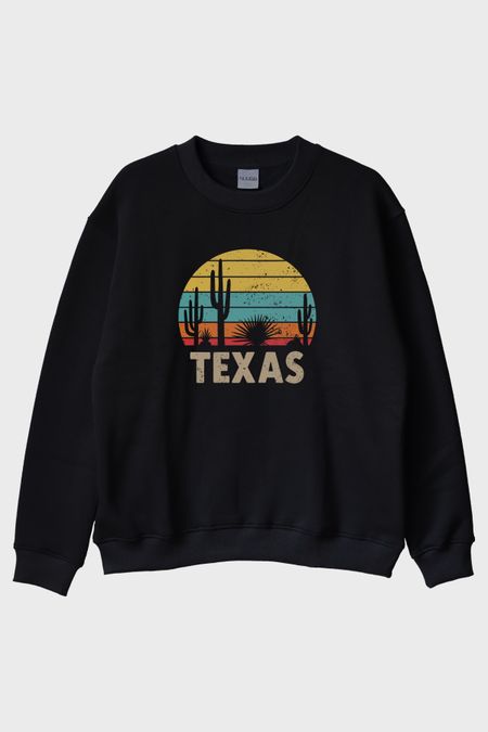 Texas Retro Doğa Baskılı Siyah Bisiklet Yaka Sweatshirt