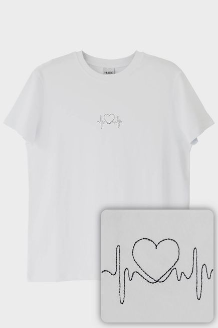 Kalpli Kalp Atışı Desenli Nakış Tişört - Sevgililer Günü Tasarımı