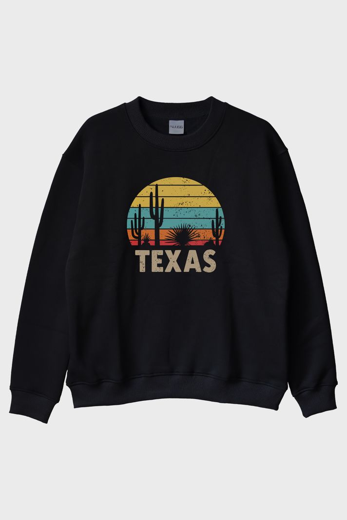 Texas Retro Doğa Baskılı Siyah Bisiklet Yaka Sweatshirt
