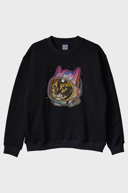 Astrocat Renkli Astronot Kedi Baskılı Siyah Bisiklet Yaka Sweatshirt