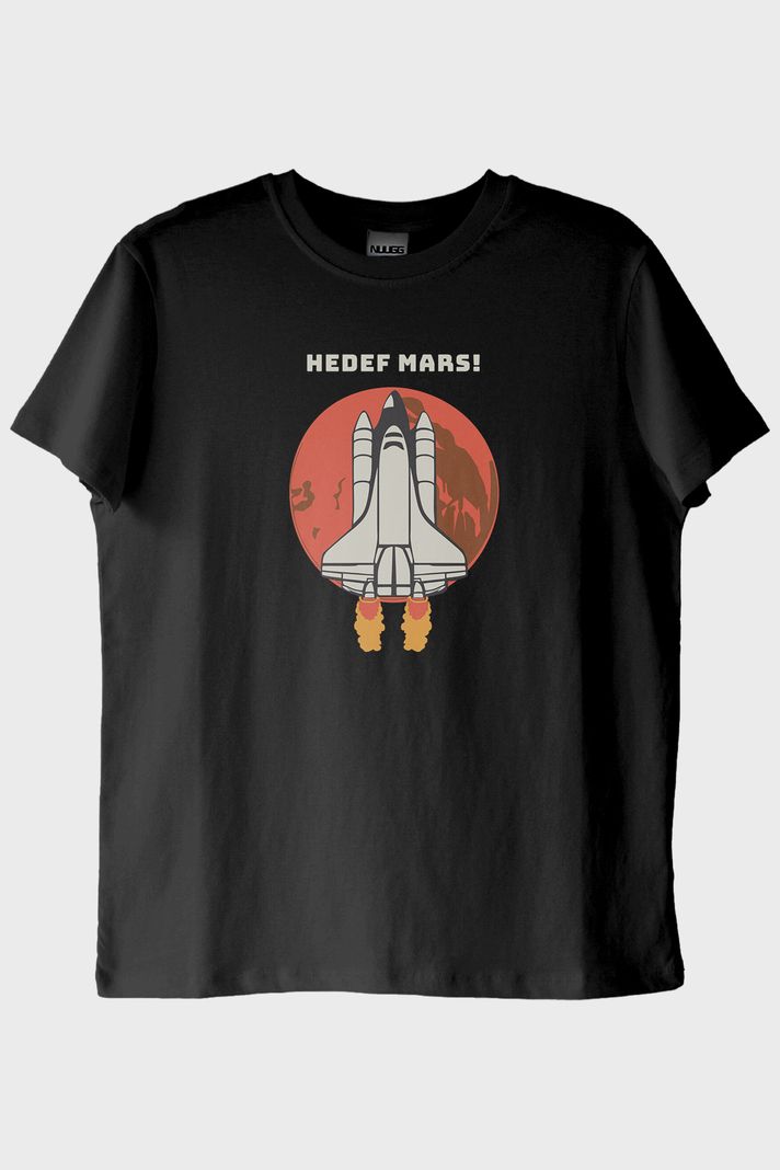 HEDEF MARS! Baskılı Uzay Temalı Siyah Tişört