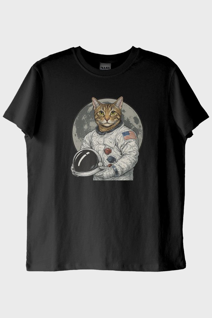 Astronot Kedi Siyah Tişört
