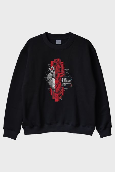 Trust The Heart Siyah Bisiklet Yaka Sweatshirt