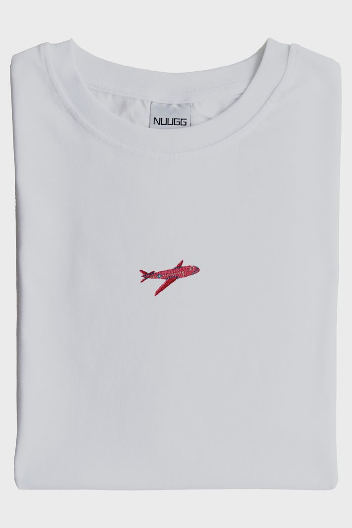 Küçük Uçak Baskılı Beyaz Tişört