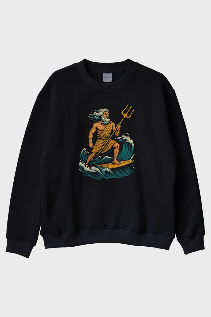 Deniz Tanrısı Poseidon Siyah Bisiklet Yaka Sweatshirt