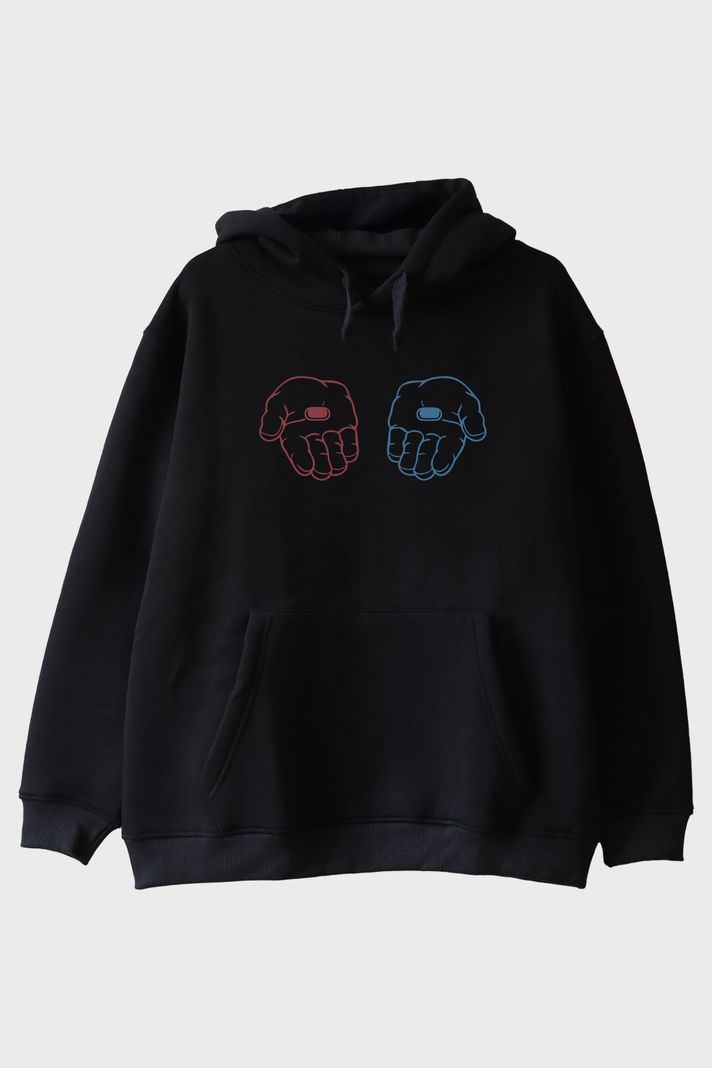 Red or Blue Pill Sci-Fi Baskılı Siyah Hoodie