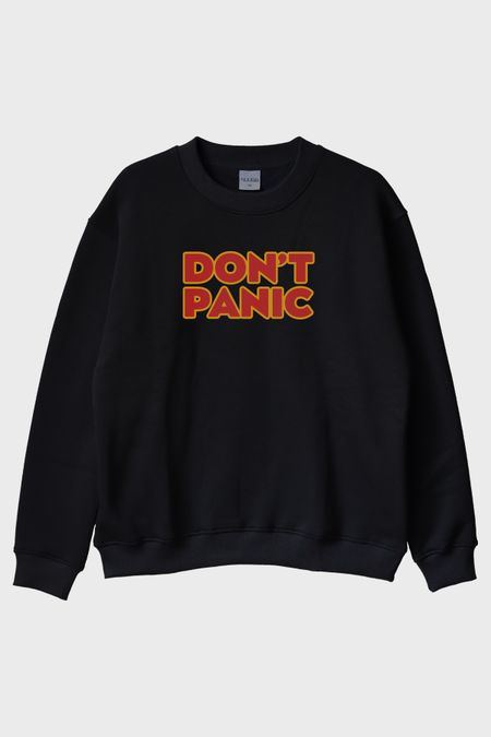 Don't Panic Baskılı Mizahi Siyah Bisiklet Yaka Sweatshirt
