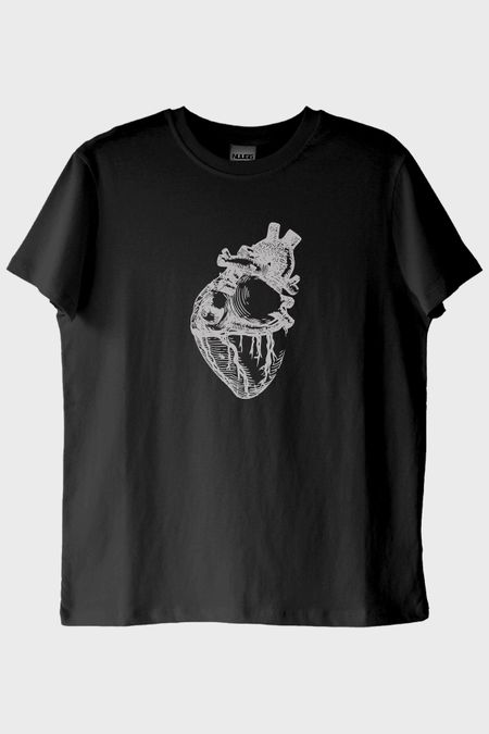 Kalp Anatomi Çizimli Minimalist Baskılı Siyah Tişört