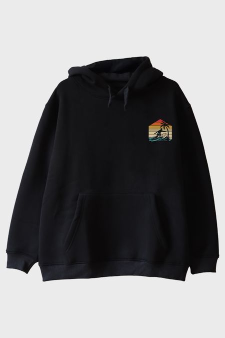 Retro Palmiye ve Sörf Baskılı Siyah Hoodie