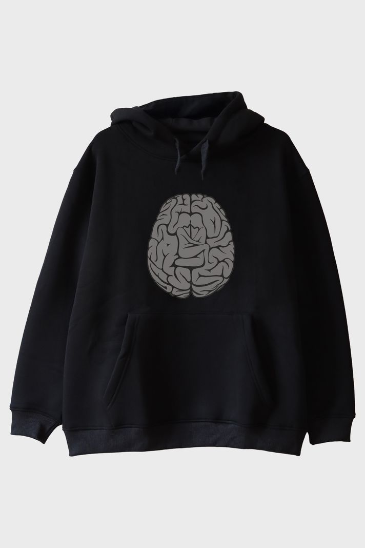Beyin Grafikli Baskılı Siyah Hoodie