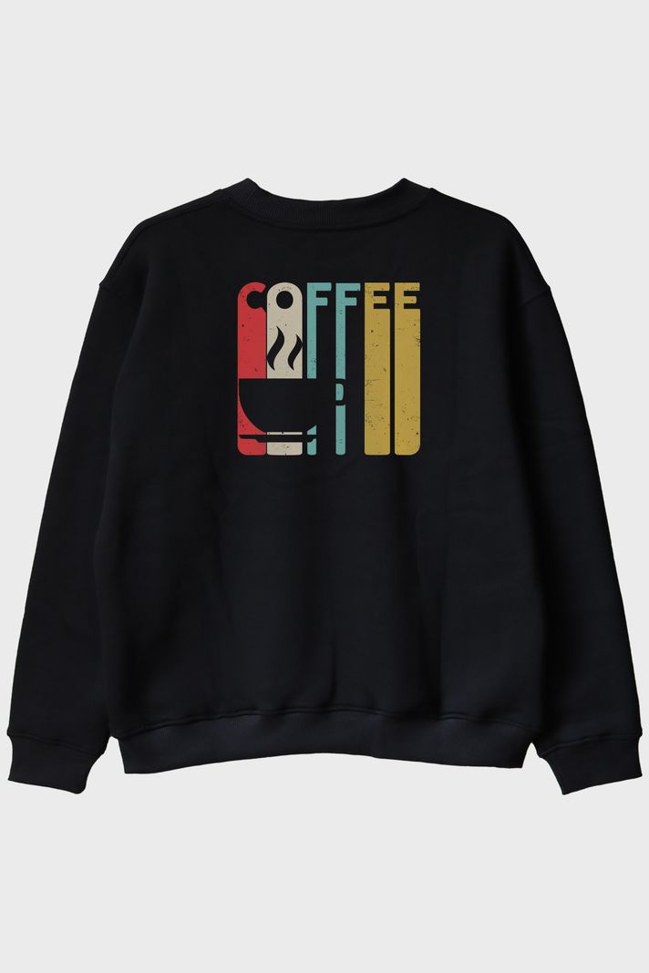 COFFEE Retro Vintage Tasarım Baskılı Siyah Bisiklet Yaka Sweatshirt