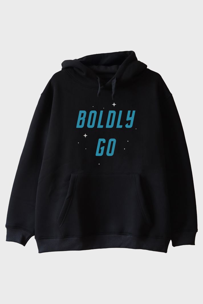 Boldly Go Baskılı Uzay Temalı Siyah Hoodie