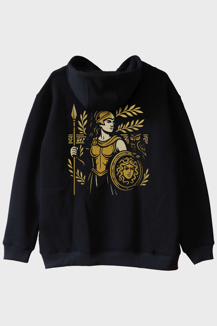 Athena Figürlü Siyah Hoodie