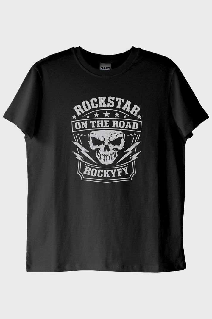 Rockstar On The Road Kafatası Baskılı Siyah Tişört