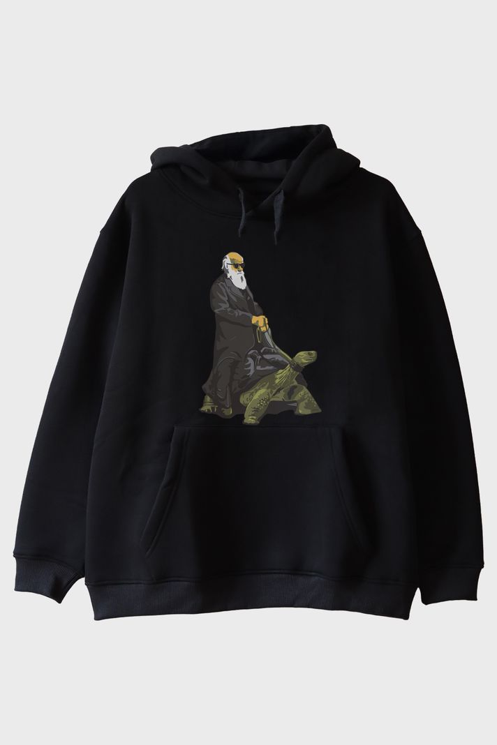Kaplumbağa Darvin Baskılı Bilimsel Siyah Hoodie