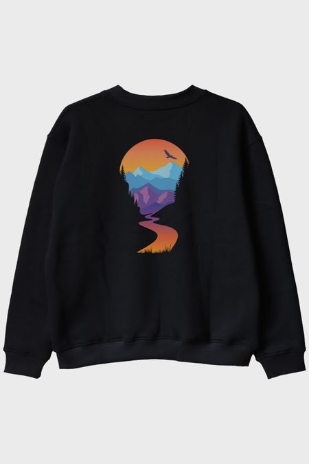 Montain Baskılı Doğal Manzara Tasarım Siyah Bisiklet Yaka Sweatshirt