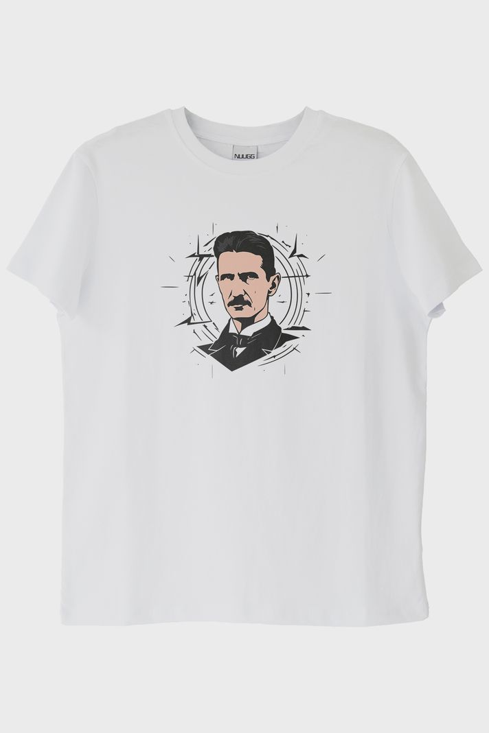Nikola Tesla İllüstrasyon Baskılı Tasarım Beyaz Tişört