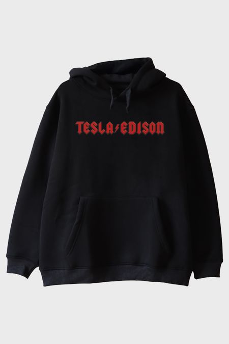 TESLA/EDISON Yıldırım Baskılı Gotik Tasarım Siyah Hoodie
