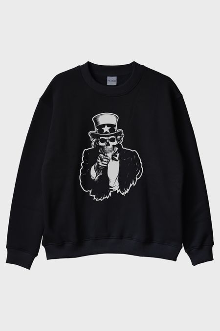 Şapkalı İskelet Baskılı Siyah Bisiklet Yaka Sweatshirt