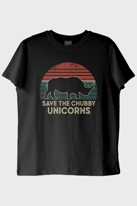 Save the Chubby Unicorns Retro Gergedan Baskılı Siyah Tişört