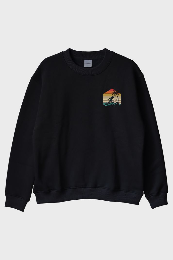 Retro Palmiye ve Sörf Baskılı Siyah Bisiklet Yaka Sweatshirt