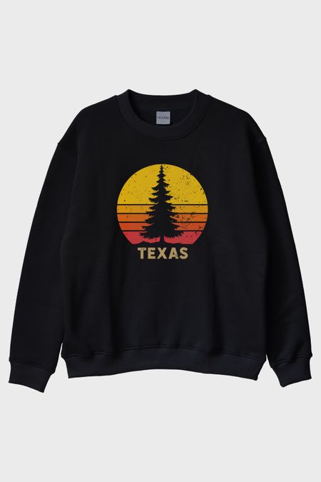 TEXAS Doğa Temalı Gün Batımı Tasarımlı Siyah Bisiklet Yaka Sweatshirt