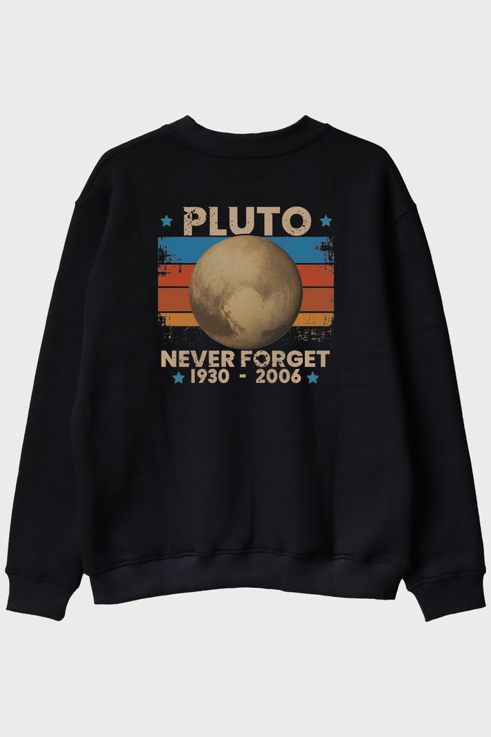 Pluto 'Never Forget' Vintage Baskılı Siyah Bisiklet Yaka Sweatshirt