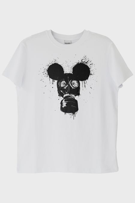 Gaz Maskesi ve Mouse Kulakları Tasarımlı Siyah Beyaz Tişört