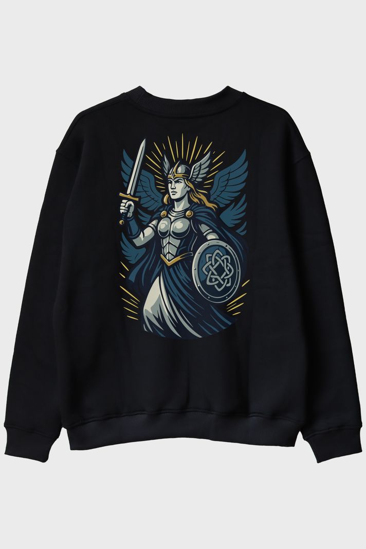 Valkyrie Figürlü Siyah Bisiklet Yaka Sweatshirt
