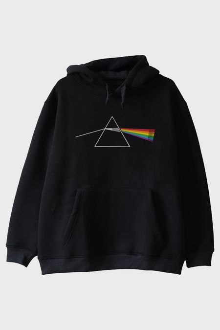Light Prism Graphic Baskılı Gökkuşağı Yansımalı Siyah Hoodie
